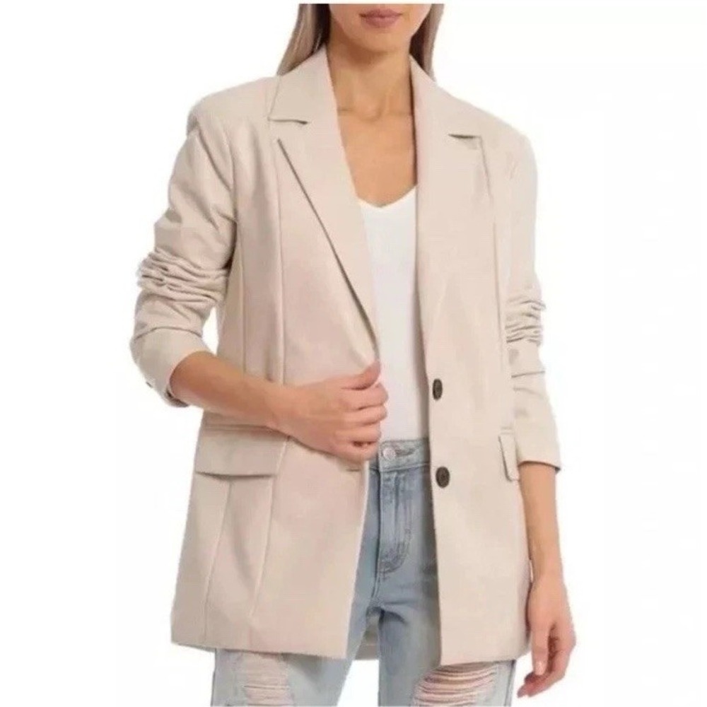 Avec Les Filles Faux Leather Structured Boyfriend Blazer Cream Beige XL